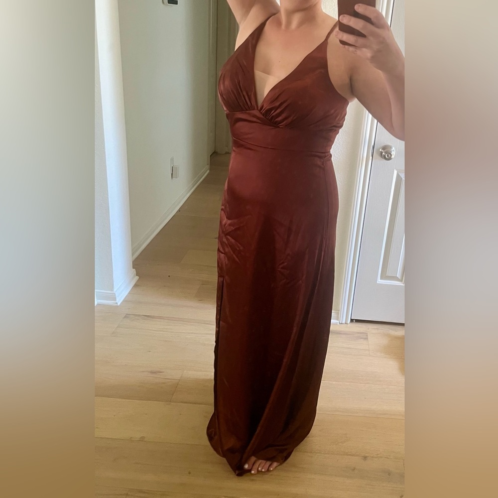 Revelry Carmen Satin Dress, Terracotta Rust, Size 10